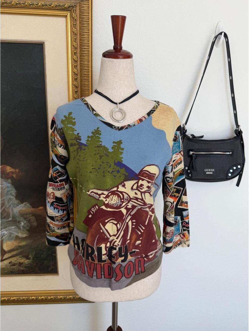Y2K Vintage Harley-Davidson Art Pop Print Long Sleeve Top
